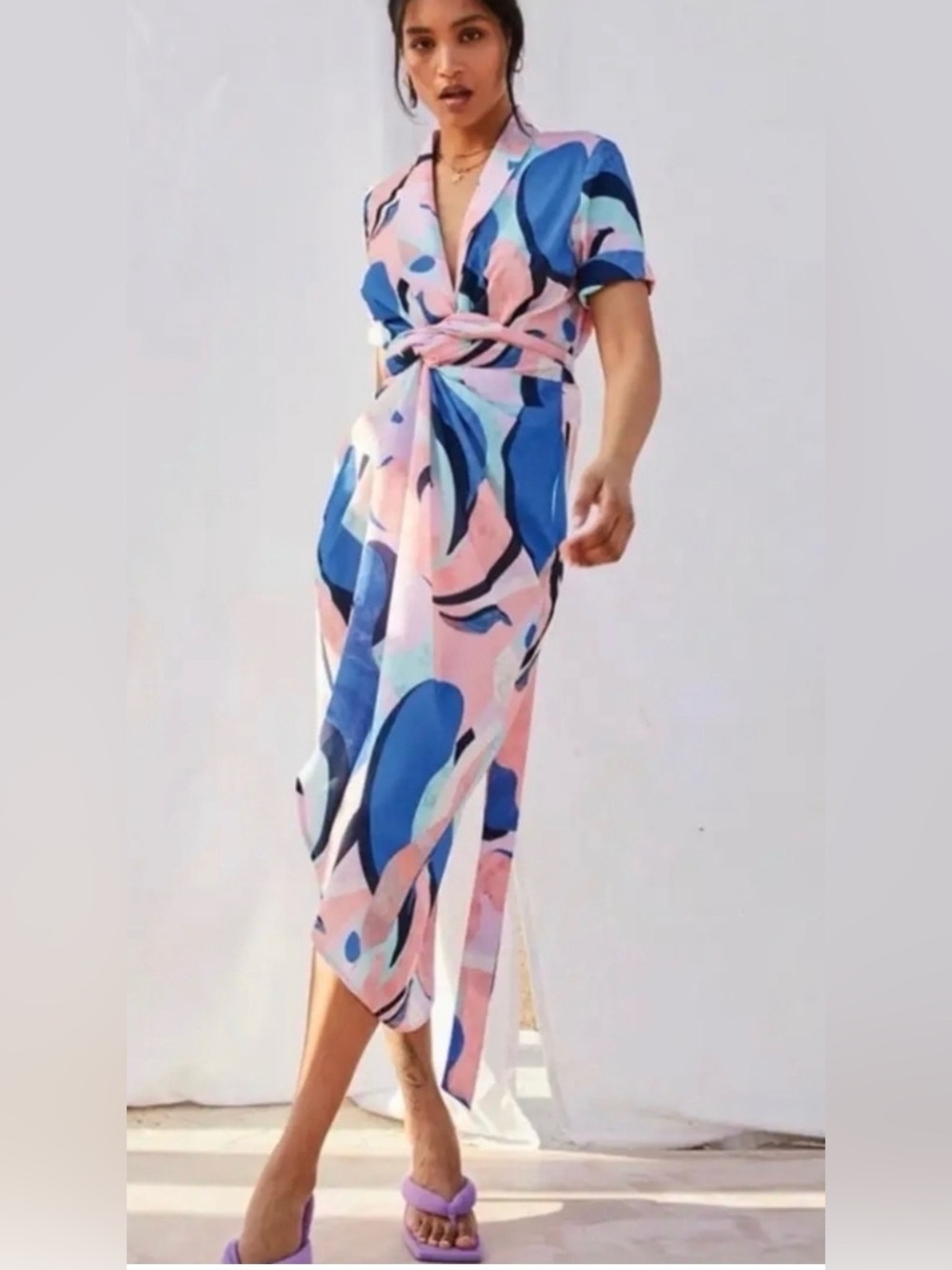 Never Fully Dressed Coral, Blue & Mint Wrap Midi Dress